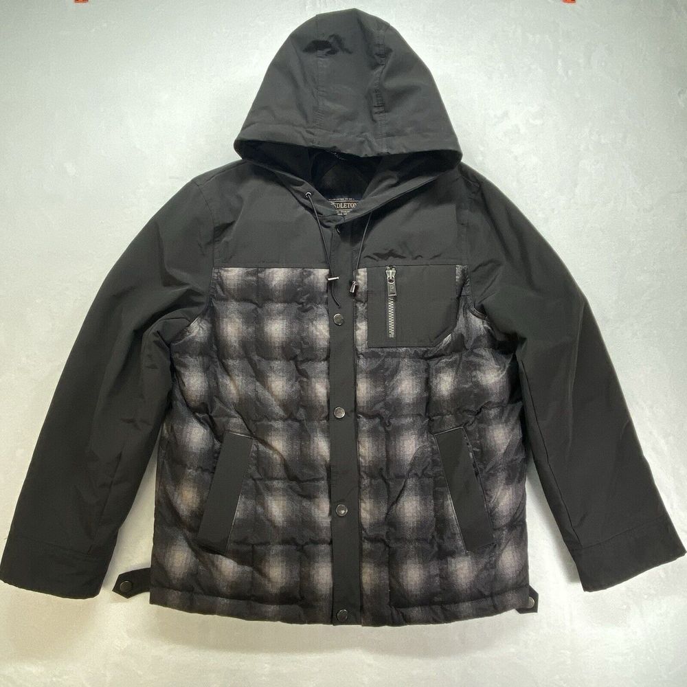 Pendleton Down Jacket 650 Fill Men's Medium Plaid Black White Water Resistant